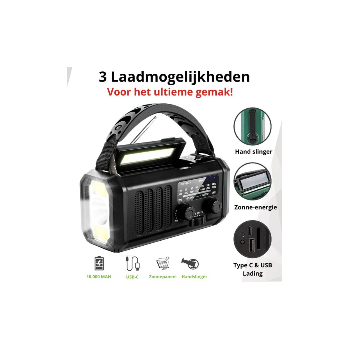 Sta Sterk in Nood: Ontdek Onze Krachtige Noodradio met 10.000 mAh Batterij - Altijd Verbonden, Altijd Voorbereid!